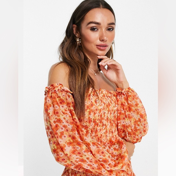 NWT ASOS OFF-SHOULDER SZ 10 DITSY FLORAL SHIRRED MAXI DRESS SHADES of ORANGE - Picture 2 of 15